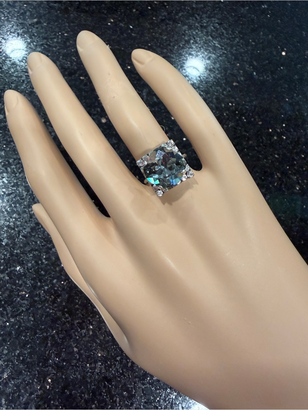Crystal Square Halo Cocktail Ring - Silver Tone - Swarovski Center Stone